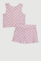 Toddler Girls Checkered Rib Knit Vest and Shorts with Sunglasses, Purple,