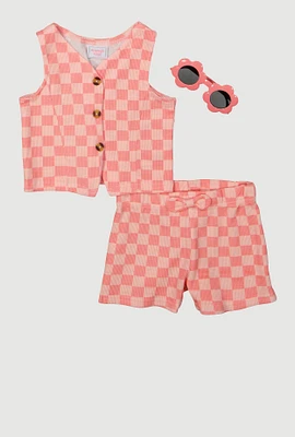 Toddler Girls Checkered Rib Knit Vest and Shorts with Sunglasses,