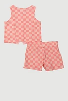 Toddler Girls Checkered Rib Knit Vest and Shorts with Sunglasses,