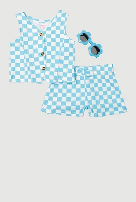 Toddler Girls Checkered Rib Knit Vest and Shorts with Sunglasses, Blue,