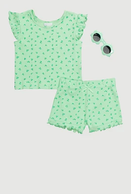 Toddler Girls Ditsy Print Top and Shorts with Sunglasses, Green, Size 4T