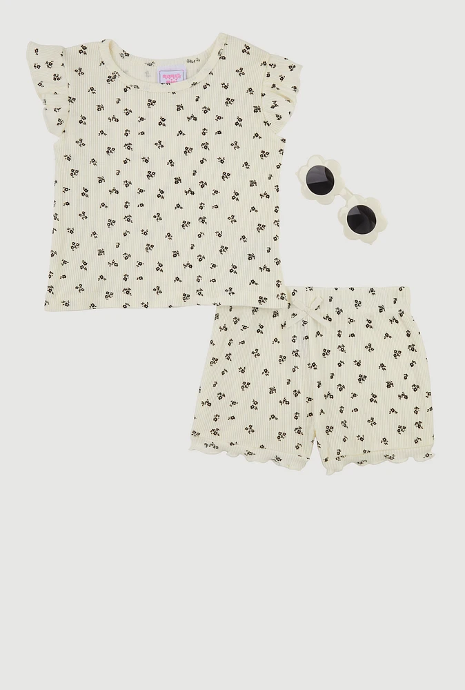 Toddler Girls Ditsy Print Top and Shorts with Sunglasses, Multi, Size 2T