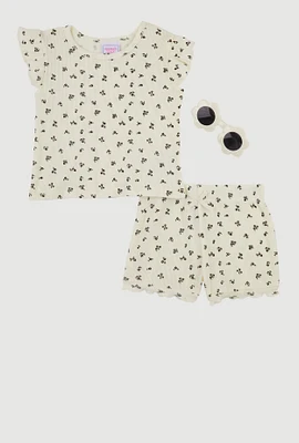 Toddler Girls Ditsy Print Top and Shorts with Sunglasses, Multi, Size 2T