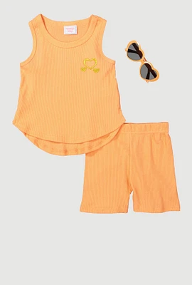 Toddler Girls Embroidered Tank Top and Shorts 3 Piece Set, Orange, Size 2T