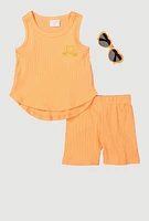 Toddler Girls Embroidered Tank Top and Shorts 3 Piece Set, Orange, Size 3T