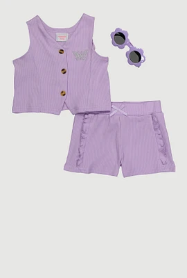 Toddler Girls Rib Knit Butterfly Vest and Shorts with Sunglasses, Purple, Size 2T