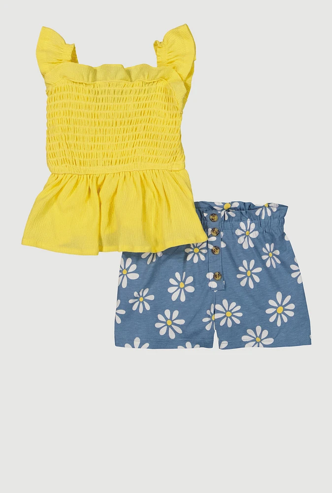 Toddler Girls Smocked Peplum Top and Daisy Print Shorts, Multi,