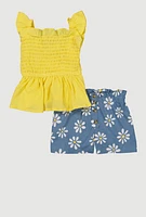 Toddler Girls Smocked Peplum Top and Daisy Print Shorts, Multi,