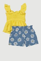 Toddler Girls Smocked Peplum Top and Daisy Print Shorts, Multi,