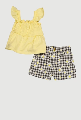 Toddler Girls Smocked Top and Daisy Gingham Shorts, Yellow, Size 2T