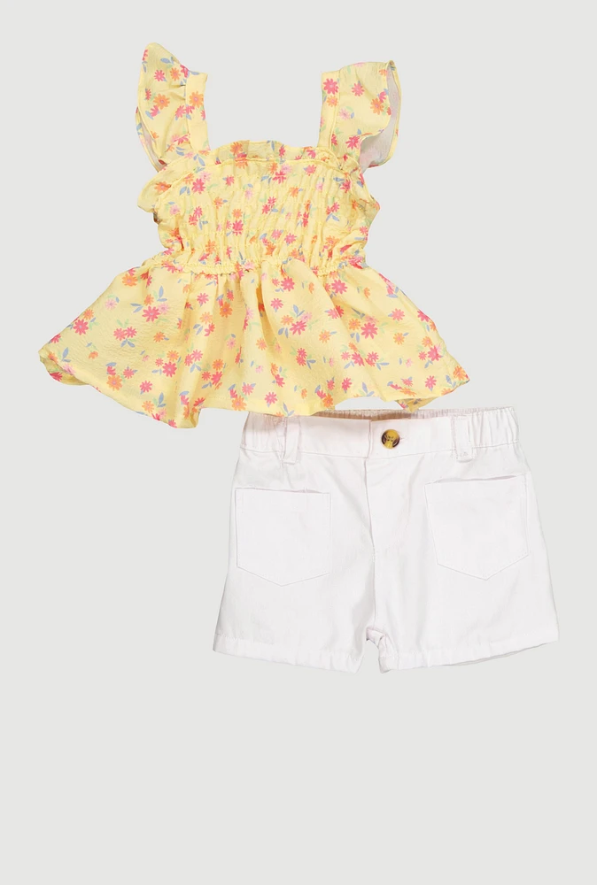 Toddler Girls Floral Print Peplum Top and Shorts, Yellow, Size 4T