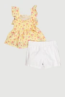 Toddler Girls Floral Print Peplum Top and Shorts, Yellow, Size 4T