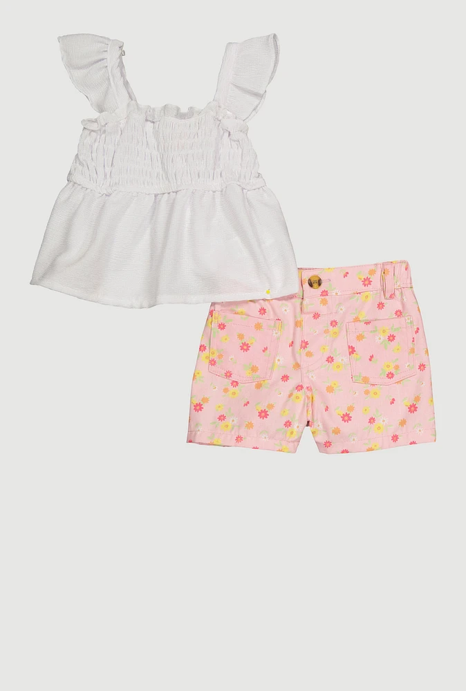Toddler Girls Sleeveless Ruffle Smocked Top and Floral Shorts, Multi, Size 4T