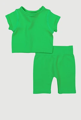 Toddler Girls Seamless Pintuck Active Top and Biker Shorts, Green, Size 3T