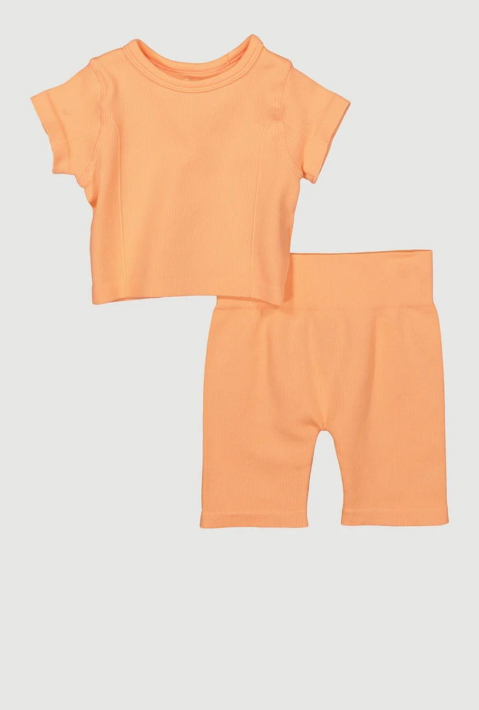 Toddler Girls Seamless Short Sleeve Top and Bike Shorts, Orange, Size 4T