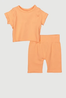 Toddler Girls Seamless Short Sleeve Top and Bike Shorts, Orange, Size 4T