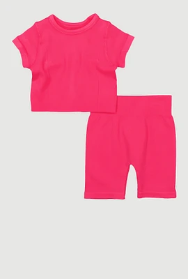 Toddler Girls Seamless Short Sleeve Top and Shorts, Pink, Size 4T