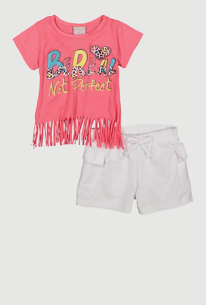 Toddler Girls Be Real Not Perfect Graphic Tee and Cargo Shorts, Pink, Size 4T