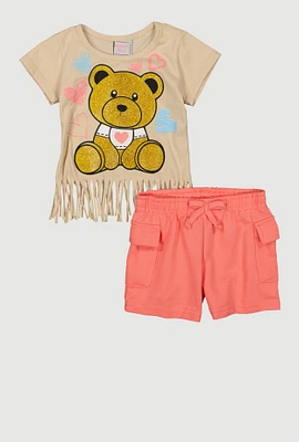 Toddler Girls Heart Bear Graphic Tee and Cargo Shorts, Multi, Size 2T