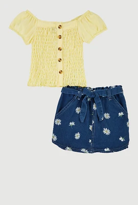 Toddler Girls Puff Sleeve Top and Tie Waist Belted Denim Skirt, Yellow, Size 3T