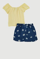 Toddler Girls Puff Sleeve Top and Tie Waist Belted Denim Skirt, Yellow, Size 3T