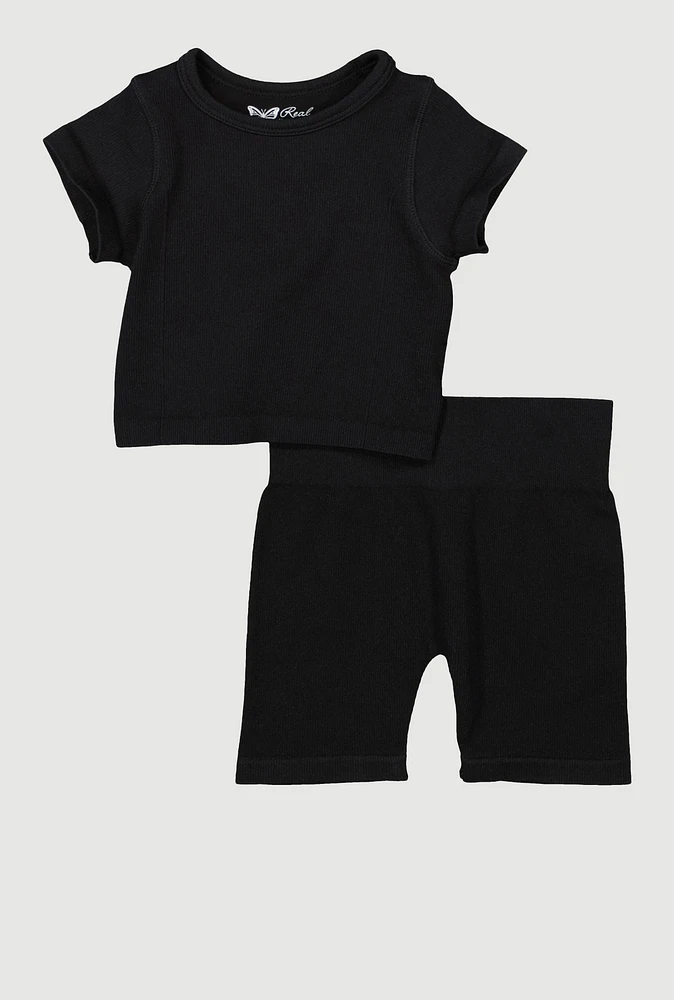 Toddler Girls Seamless Ribbed Knit Tee and Biker Shorts Set, Black, Size 3T