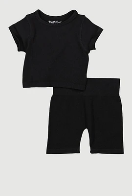 Toddler Girls Seamless Ribbed Knit Tee and Biker Shorts Set, Black, Size 3T