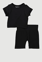 Toddler Girls Seamless Ribbed Knit Tee and Biker Shorts Set, Black, Size 3T