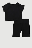 Toddler Girls Seamless Ribbed Knit Tee and Biker Shorts Set, Black, Size 3T