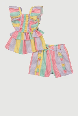 Toddler Girls Color Block Stripe Ruffle Top and Shorts, Multi, Size 3T