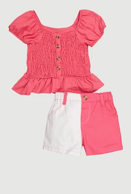Toddler Girls Smocked Peasant Top and Color Block Shorts, Pink, Size 2T