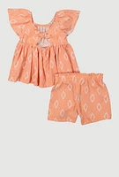 Toddler Girls Tie Back Peplum Tee and Shorts, Orange, Size 3T