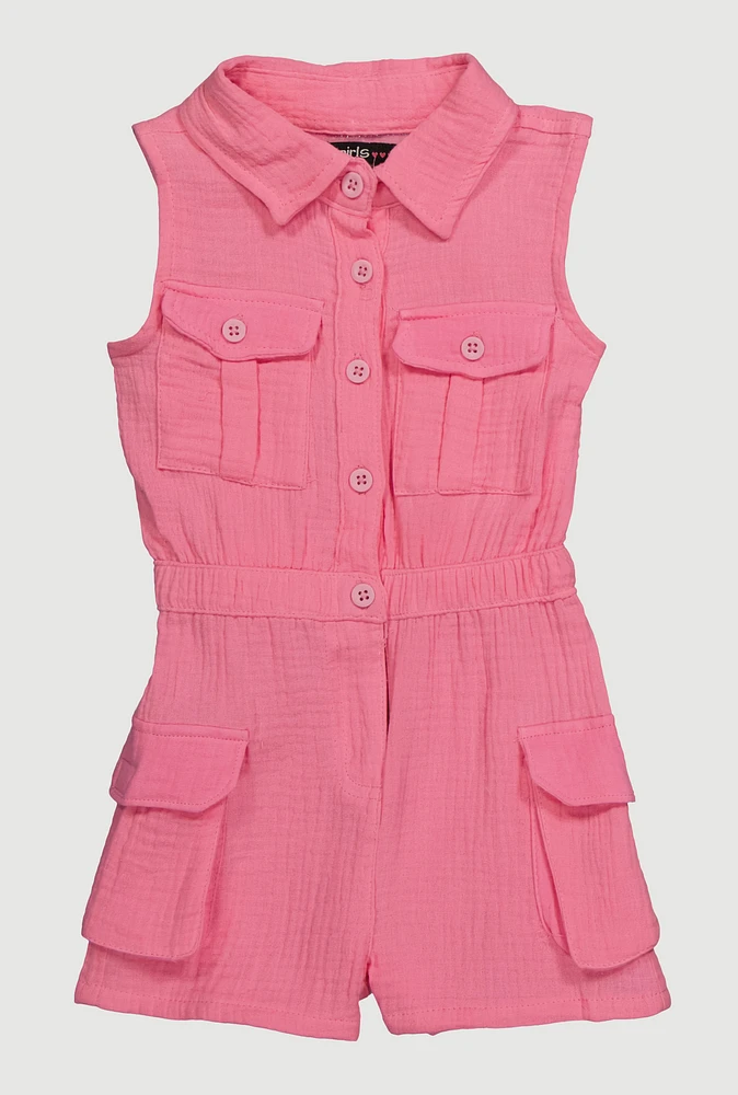 Toddler Girls Gauze Knit Button Front Utility Romper, Pink, Size 2T