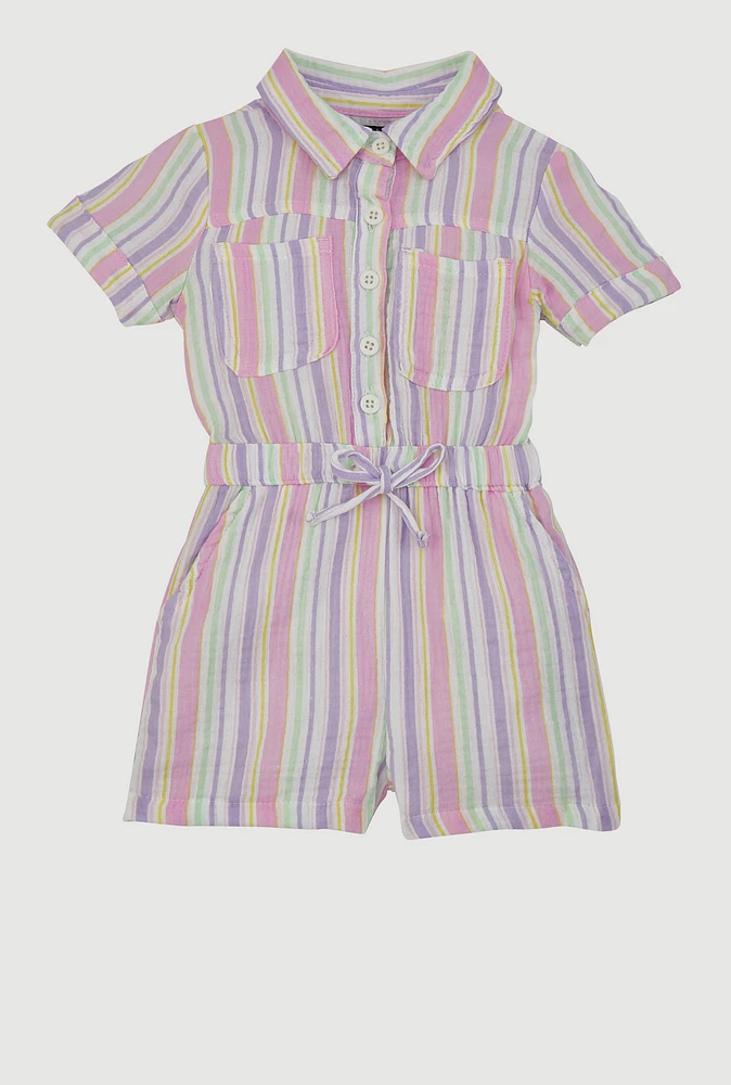 Toddlers Girls Gauze Knit Striped Romper, Multi,