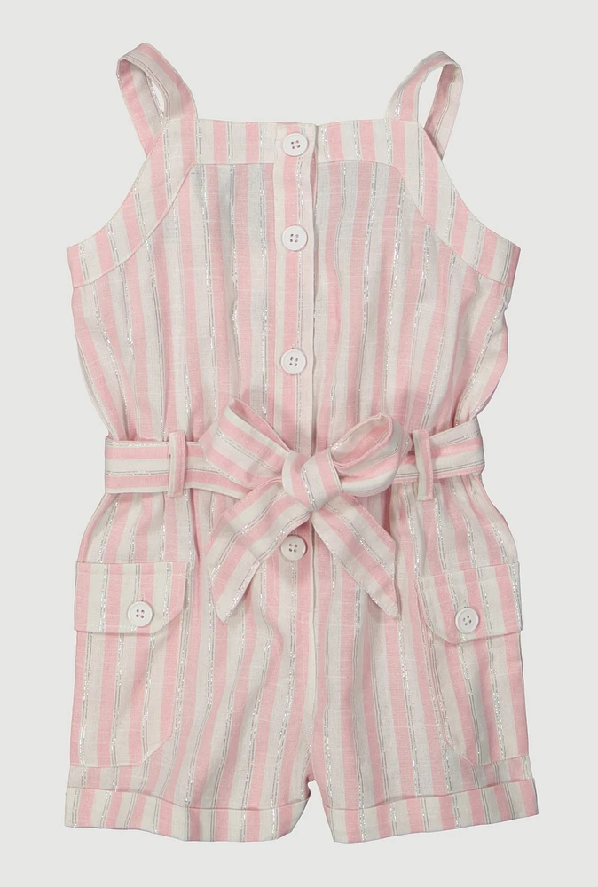 Toddler Girls Lurex Striped Cargo Pocket Romper, Pink, Size 3T