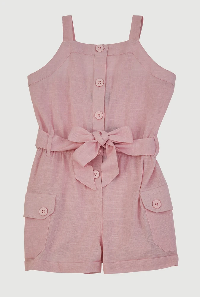 Toddler Girls Button Front Tie Waist Belted Romper, 3T