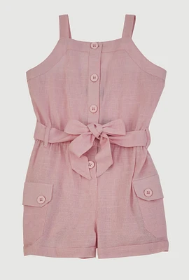 Toddler Girls Button Front Tie Waist Belted Romper, 3T