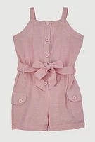 Toddler Girls Button Front Tie Waist Belted Romper, 3T