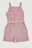 Toddler Girls Button Front Tie Waist Belted Romper, 3T