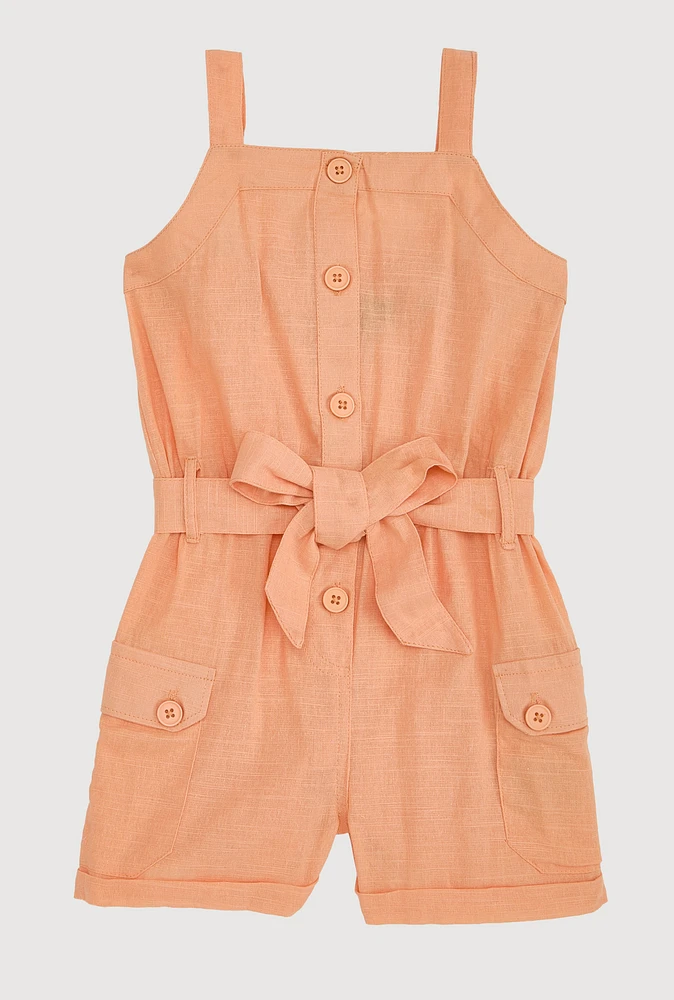 Toddler Girls Button Front Tie Waist Belted Romper, Orange, Size 2T