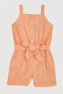 Toddler Girls Button Front Tie Waist Belted Romper, Orange, Size 2T