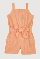 Toddler Girls Button Front Tie Waist Belted Romper, Orange, Size 2T