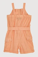 Toddler Girls Button Front Tie Waist Belted Romper, Orange, Size 2T