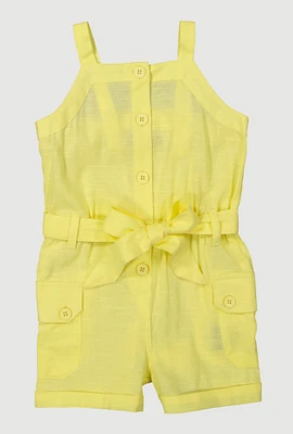 Toddler Girls Button Front Tie Waist Belted Romper, Yellow, Size 4T