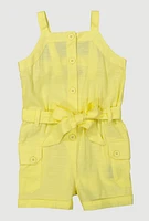 Toddler Girls Button Front Tie Waist Belted Romper, Yellow, Size 4T