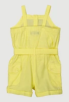 Toddler Girls Button Front Tie Waist Belted Romper, Yellow, Size 4T