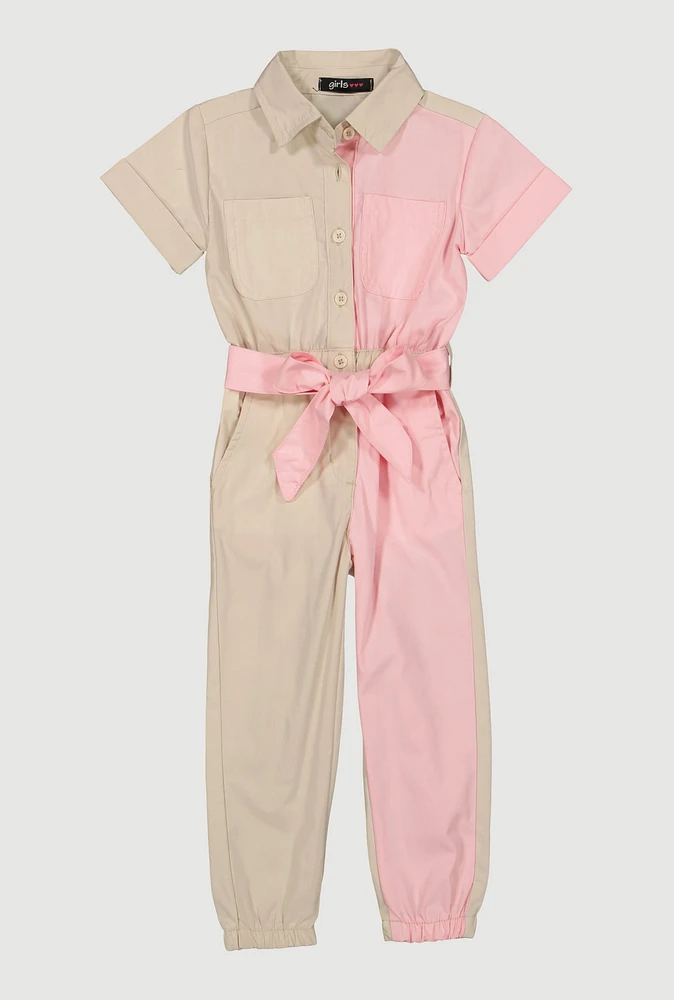 Toddler Girls Two Tone Poplin Tie Waist Belted Jumpsuit,