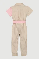 Toddler Girls Two Tone Poplin Tie Waist Belted Jumpsuit,