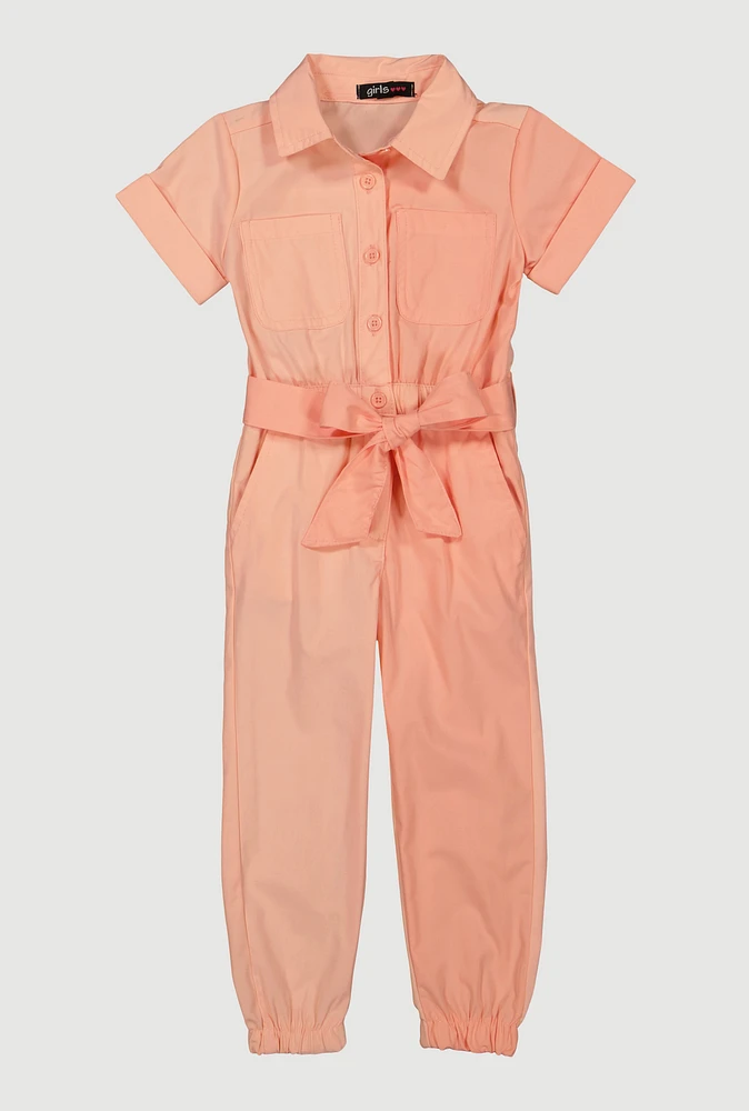 Toddler Girls Two Tone Poplin Tie Waist Belted Jumpsuit, Orange,