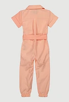 Toddler Girls Two Tone Poplin Tie Waist Belted Jumpsuit, Orange, Size 4T
